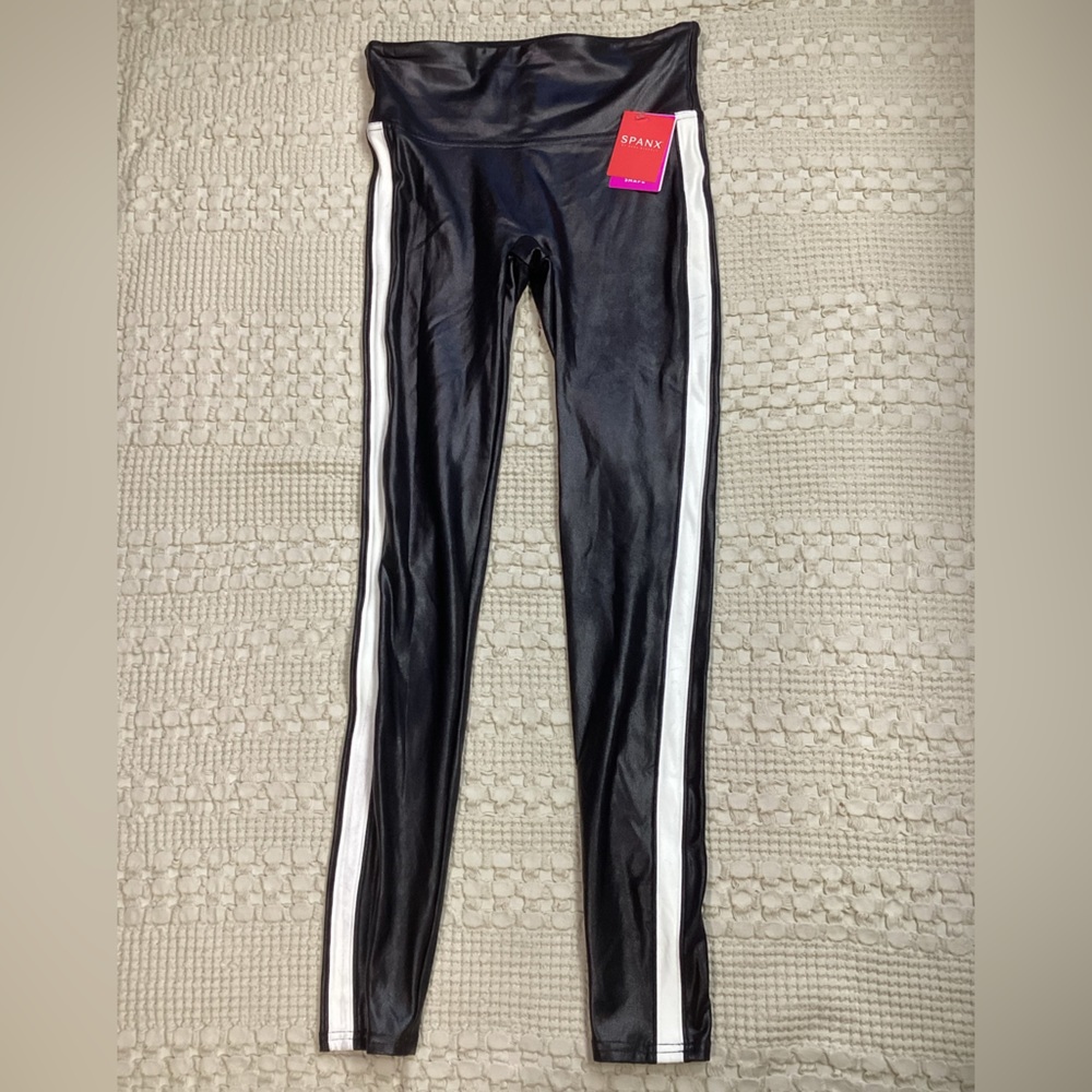 NWT Spanx Faux Leather Side Stripe Tight Legging Black White Small